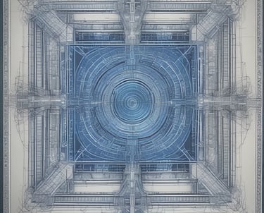 Abstract blue energy waves intertwining with geometric shapes symbolizing quantum consciousness.