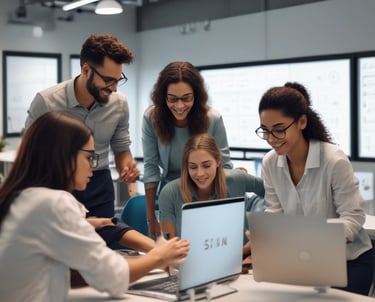 A professional setting showing a team collaborating over automation software on laptops.