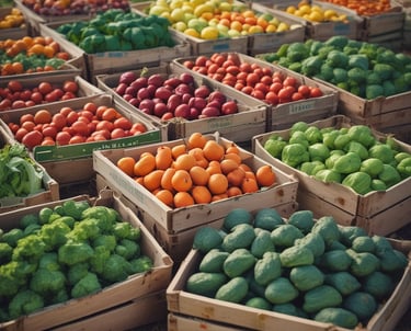 A vibrant basket overflowing with freshly picked colorful fruits and vegetables on a rustic wooden table.