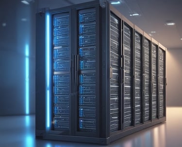 Cloud servers with vibrant data streams visualizing data hosting services.