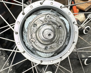 Close-up of a bicycle wheel hub showing grease applied during internal gear maintenance.