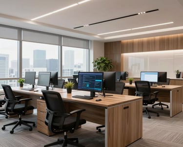 A minimalist workspace with a laptop displaying a modern website design on a dark charcoal desk accented by emerald green decor.