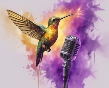 Professional condenser microphone set against a backdrop of vibrant purple and orange swirling smoke.