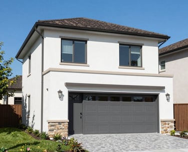 A sleek, modern office space with large windows overlooking Accra's skyline at sunset.