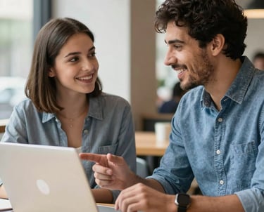 Two smiling male college students studying together with a laptop in a modern campus cafe.