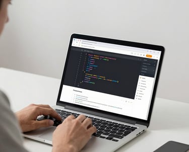 Modern website design on a tablet showing a clean, blue-themed homepage layout.