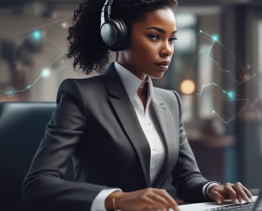 A team collaborating over digital devices with AI and government icons floating around.