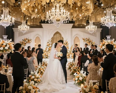 Elegant wedding guests enjoying a photobooth with golden and black decor.