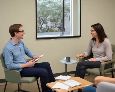 A friendly consultant guiding a young professional in a bright office.