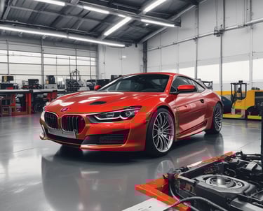 A sleek, dark blue luxury car inside a pristine autovision workshop, with technicians focused on detailed maintenance.