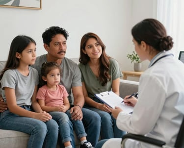 A friendly insurance agent discussing options with a smiling family in a cozy living room.