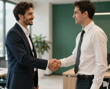 A professional B2B handshake between two executives in a modern office with off-white and dark green interior design.