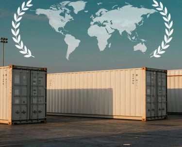 A wide shot of a logistics hub with off-white cargo containers and a dark teal sky at dusk, symbolizing global reach.