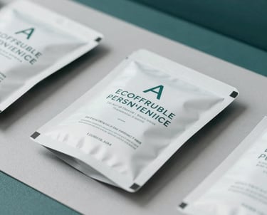 A clean, clinical photograph of eco-friendly personal hygiene product packaging on a light grey surface with dark teal accents.