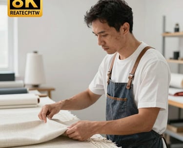 A professional photo of a textile expert inspecting high-quality fabrics in a bright, off-white studio. The lighting is clean and professional.