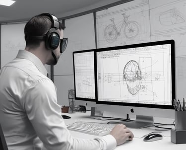 Technical blueprint with mechanical gears and calipers in a professional workspace.