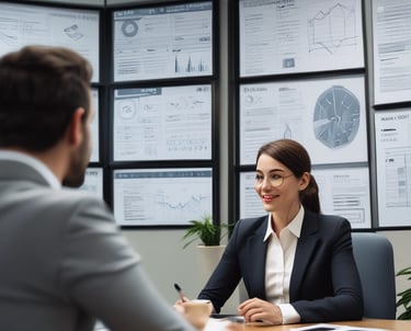A friendly financial advisor discussing options with a client in a bright, modern office.