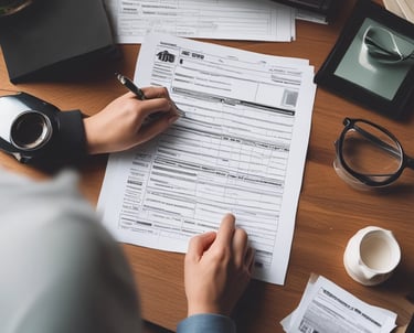 A close-up of hands calculating taxes with a calculator and paperwork.