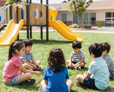 Young children wearing lab coats and goggles, engaging with colorful science tools and experiments.
