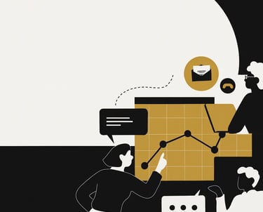 Illustration of three people analyzing a graph with chat bubbles, communication icons and data charts in a black, white and g