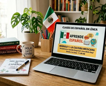 Laptop displaying online Spanish lessons on a desk with a Mexican flag and language textbooks.