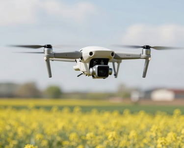 Drone flying over a lush green agricultural field capturing multispectral images.