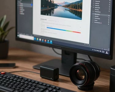 A close-up of a designer's desk with high-tech peripherals and a large screen showing a modern UI design project.