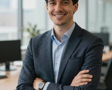 Portrait of a professional project manager smiling in a modern office, French business attire, soft natural light.