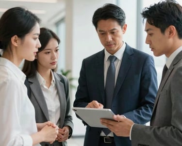 Team of diverse professionals discussing a project around a tablet in a bright, modern corporate hallway.