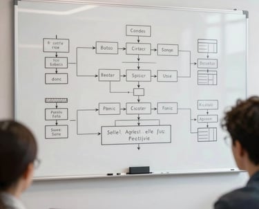 A creative meeting room with a large whiteboard filled with software architecture diagrams, bright and professional French office atmosphere.