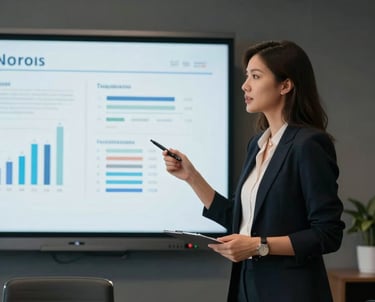 A professional woman presenting data on a screen in a sleek meeting room, focused and high-end tech environment.