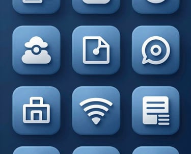 A series of minimalist web icons for a technology brand, consistent blue color palette.