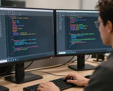 Professional software developer working with two large screens showing complex backend code, neutral and professional lighting.