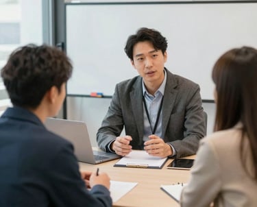 A consultant reviewing financial reports with a client in a modern office.