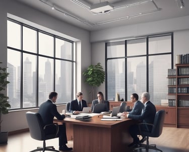 Professional business lawyers discussing documents in a modern office.