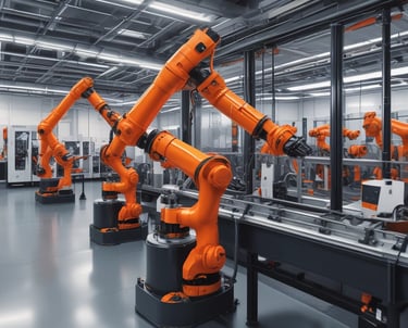 A modern industrial control panel with illuminated buttons and wiring in a clean factory setting.