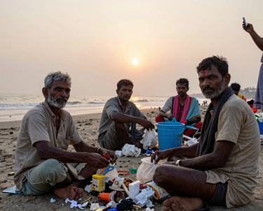 A group of women artisans proudly displaying their handcrafted goods in a lively community market.