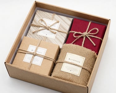 A beautifully arranged gift box featuring handcrafted artisan products with natural textures and vib