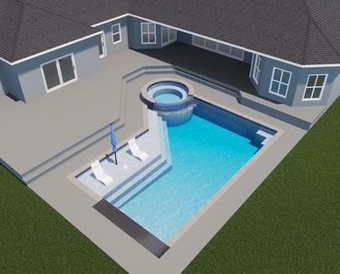 Modern luxury backyard swimming pool design with integrated spa and tanning ledge.