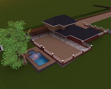 A 3D landscape design rendering featuring a custom pool, patio, and modern backyard layout.