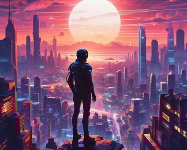 A futuristic cityscape representing science fiction themes