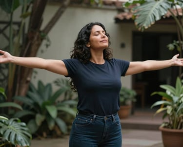 A Hispanic woman standing in a peaceful outdoor courtyard with lush plants, stretching her arms wide with a serene expression of freedom and mental clarity.