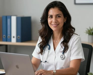 A Hispanic therapist, Valeria, looking warmly at the camera from her desk in a professional and modern office, with a laptop open and books in shades of steel blue behind her.