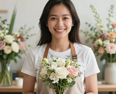 A professional portrait of a female floral designer in her 30s, smiling warmly, holding a small bouquet. Southeast Asian / Indonesian context, soft natural lighting, background of a clean floral studio.