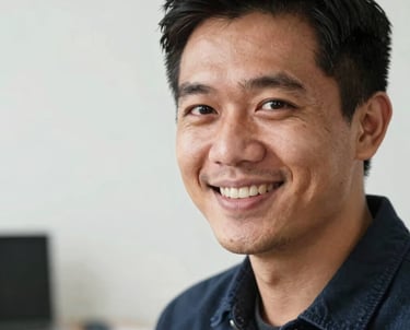 A professional portrait of a creative male designer in his late 20s, focused and smiling, in a bright studio environment. Southeast Asian / Indonesian context, high quality headshot.