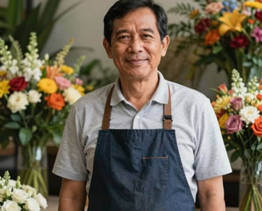 A professional portrait of a male senior florist in his 40s with a welcoming expression, standing in front of colorful flower arrangements. Southeast Asian / Indonesian context, professional photography.
