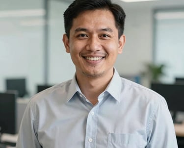 A professional portrait of a male logistics expert in his 30s, wearing clean professional attire, smiling warmly in a bright office setting. Southeast Asian / Indonesian context, soft lighting, professional headshot.