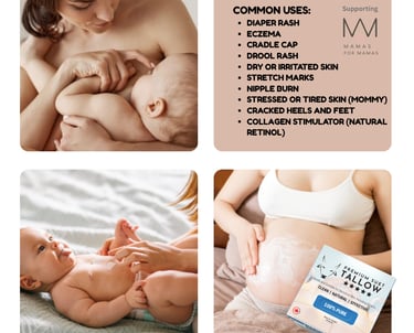 Infographic for Premium Suet Tallow Balm listing benefits: dry or irritated skin, stretch marks, nip