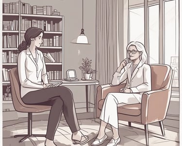 A serene therapy room with calming colors and comfortable seating.