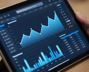 A close-up of a tablet screen showing a complex dashboard with dark blue and light blue graphs, in a professional Eastern European office.
